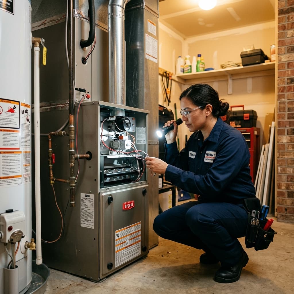 Technician inspecting a residential furnace with a flashlight.