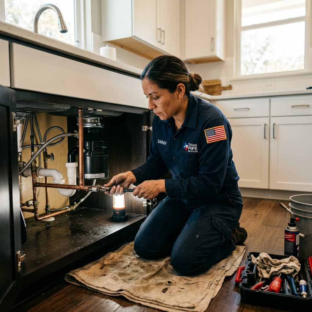 Plumber repairing copper pipes under a kitchen sink.