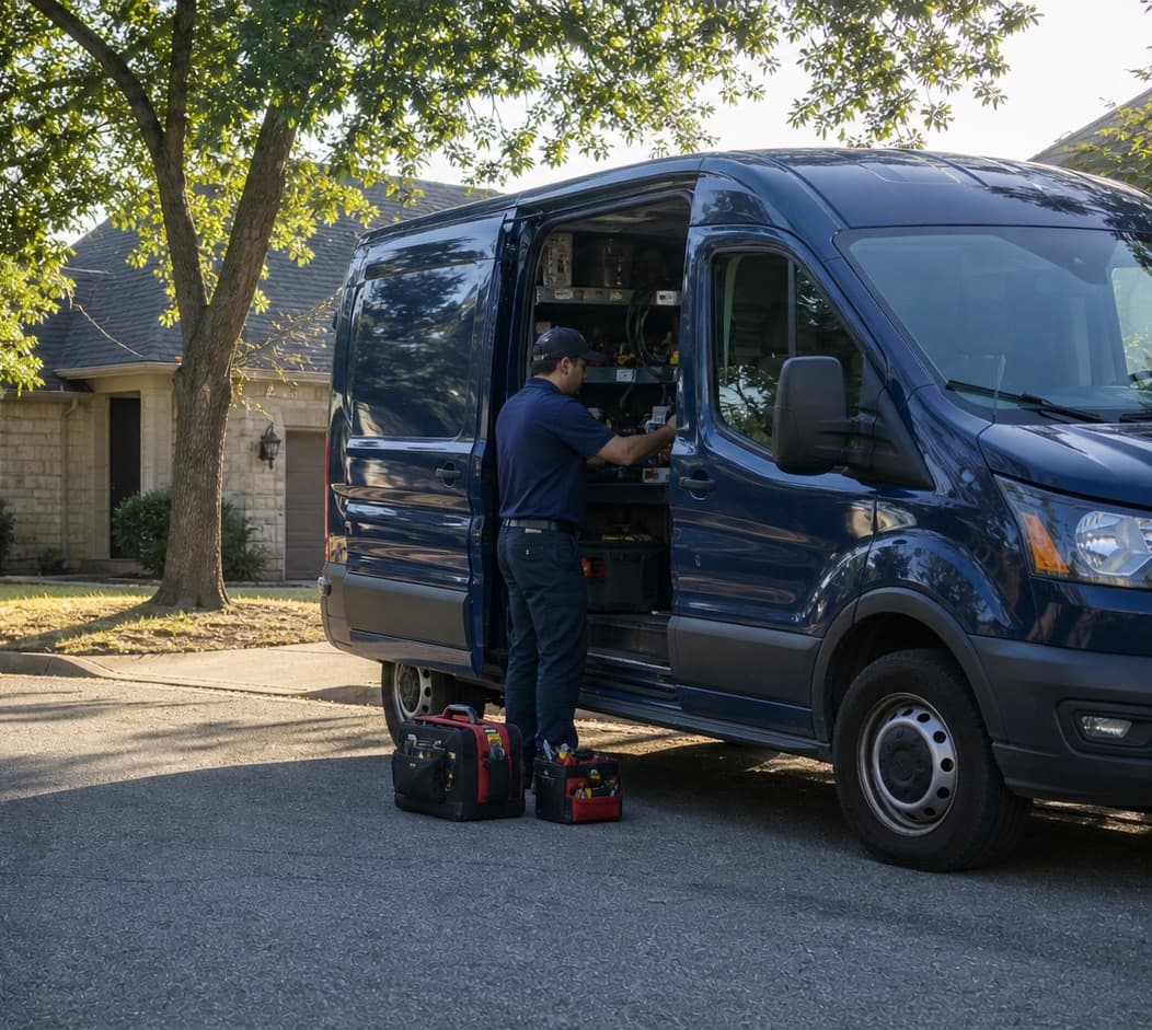 Falcon 5 technician loading tools from the service van at a Waco-area home.