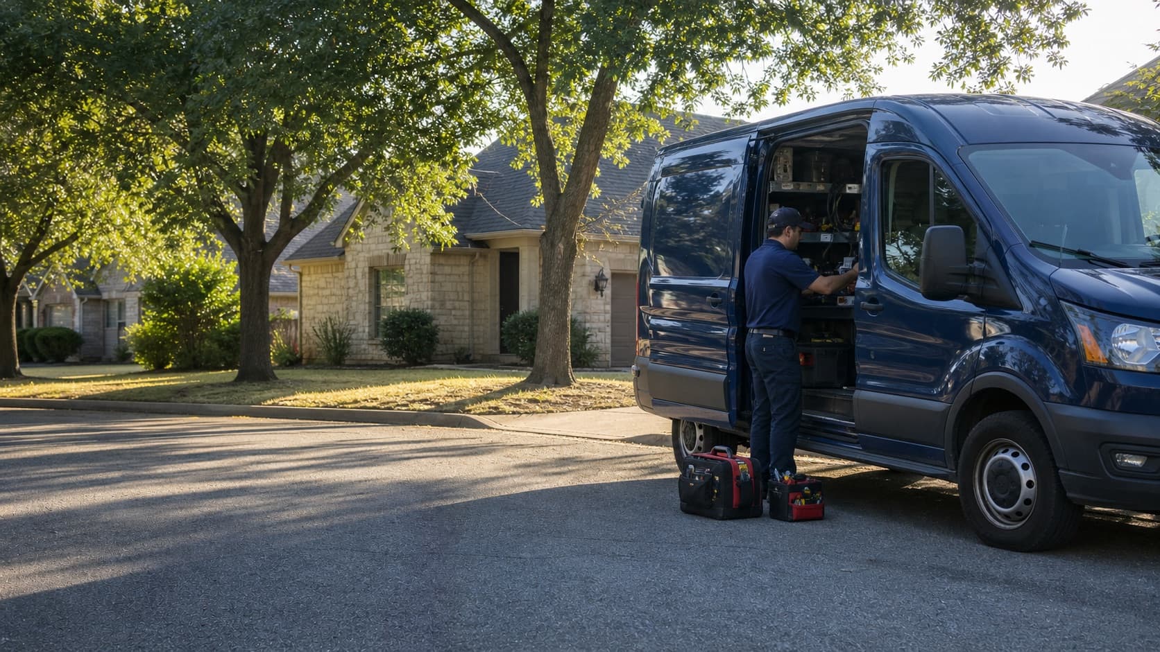 Technician preparing a service van for a Waco-area HVAC and plumbing dispatch.