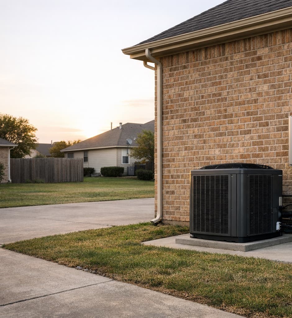 Heat pump and comfort equipment at the side of a brick Waco-area home.